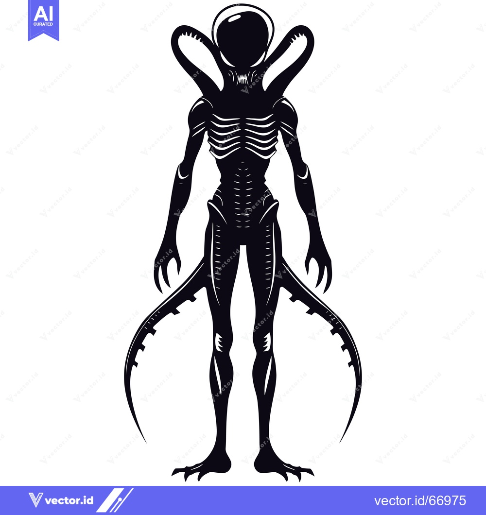 Premium Vector dari Black and White Silhouette of a Standing Alien with Sharp Claws and Te