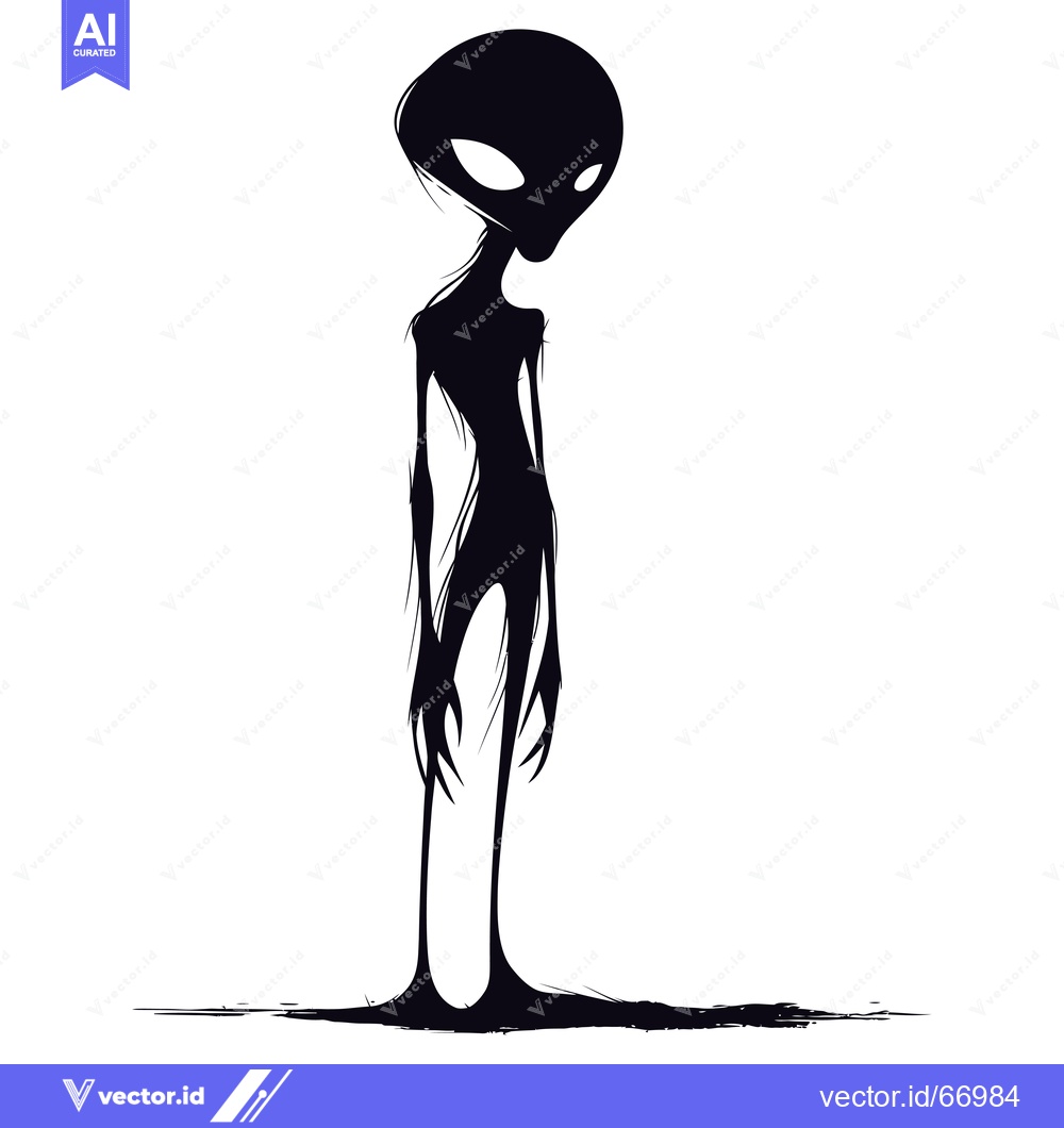 Premium Vector of Black and White Illustration of a Standing Alien Silhouette