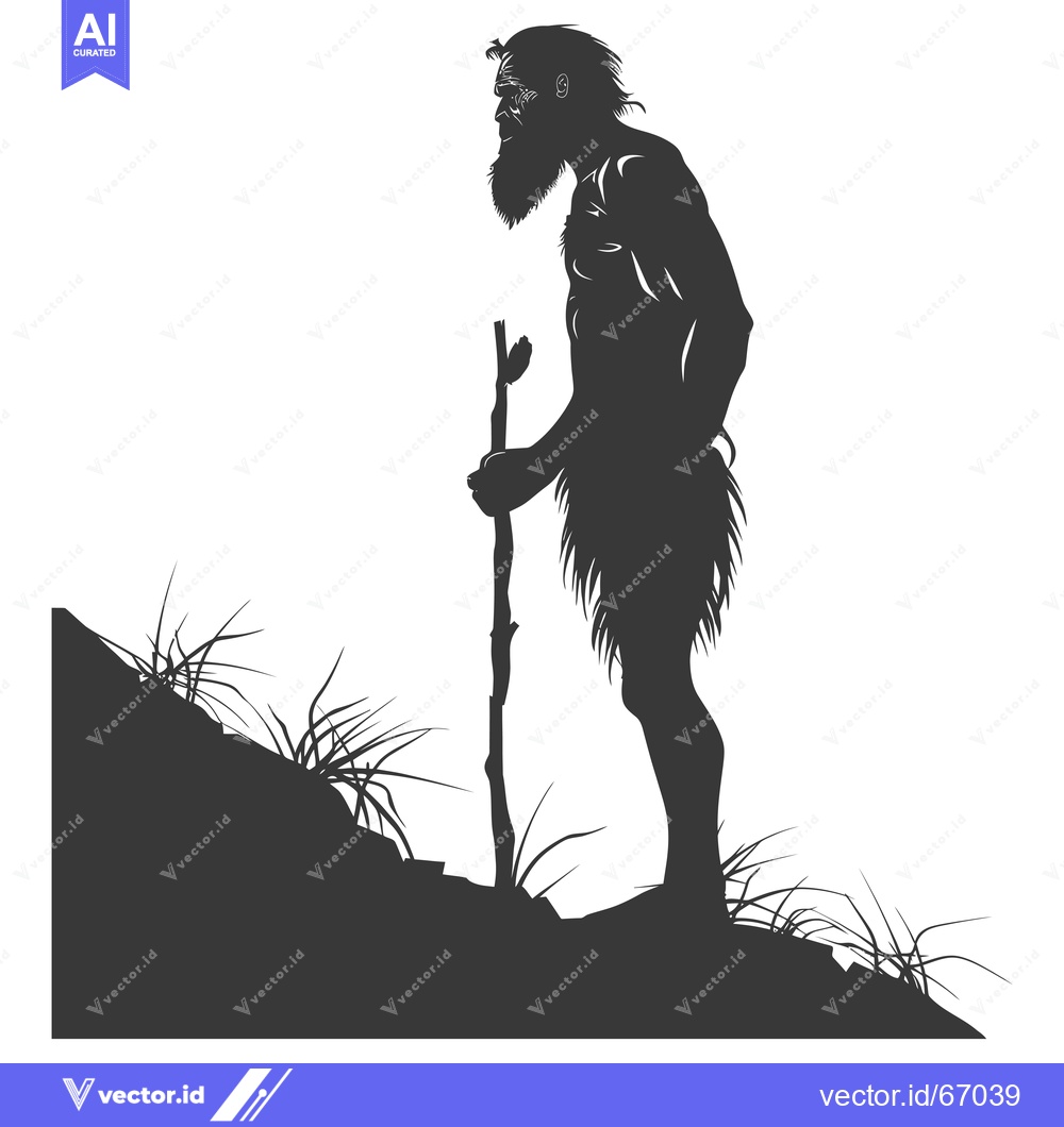 Premium Vector dari Silhouette of a Primitive Man with a Stick Standing on a Hillside