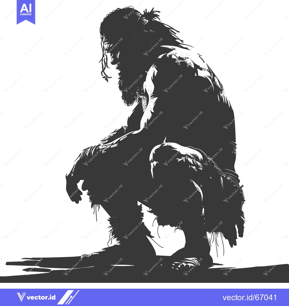 Premium Vector dari A Silhouetted Man with Long Hair and a Beard, Squatting on the Ground