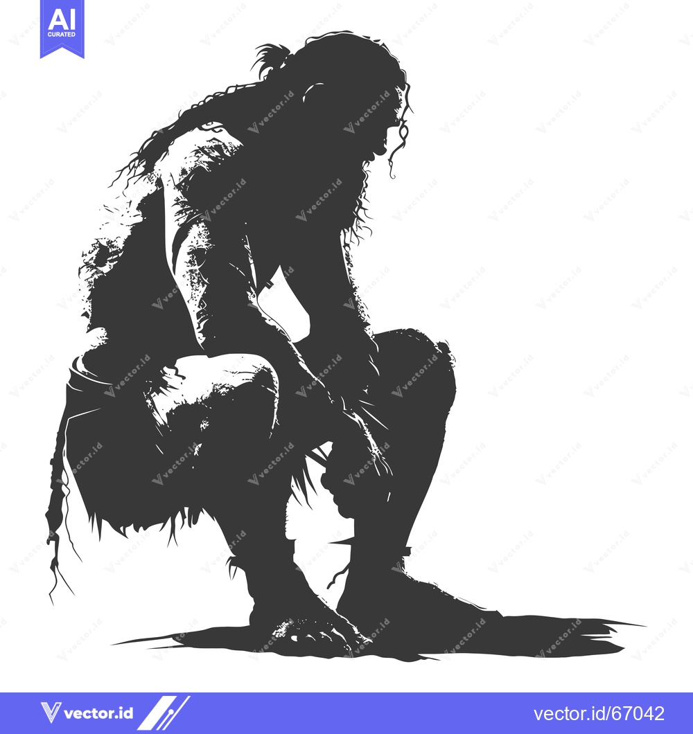 Premium Vector of Silhouette of a Man Sitting on His Heels with Long Hair