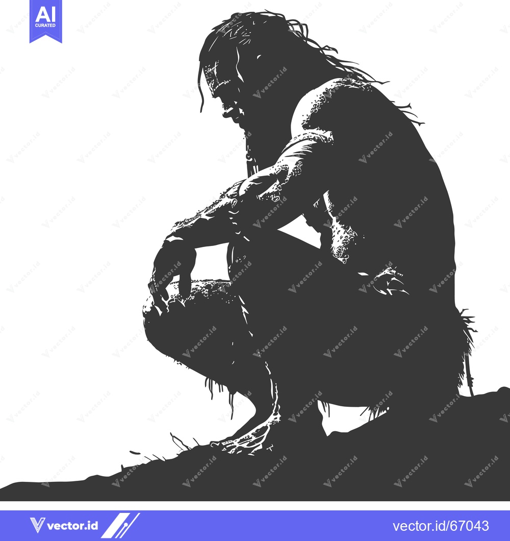 Premium Vector of Silhouette of a Primitive Man Sitting on a Hill