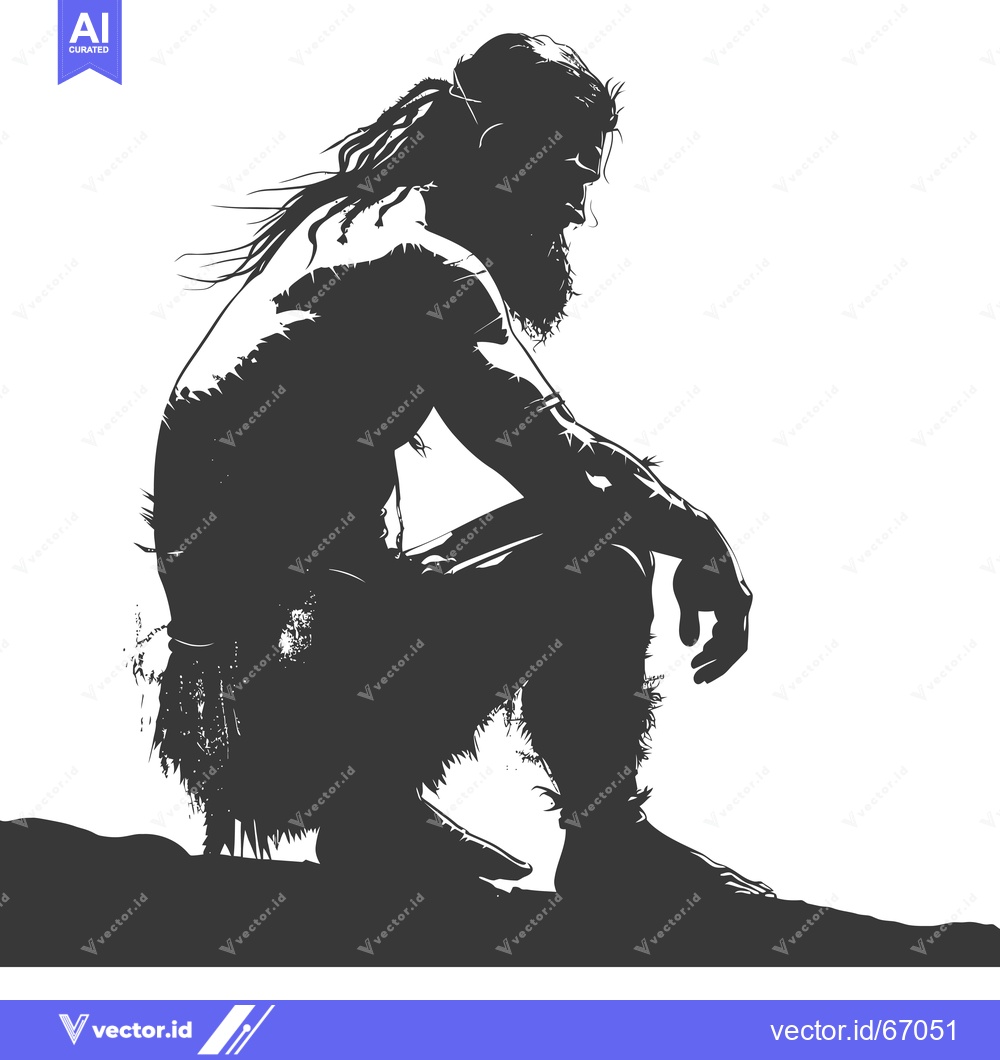 Premium Vector dari Silhouette of a Primitive Man Sitting on a Hillside