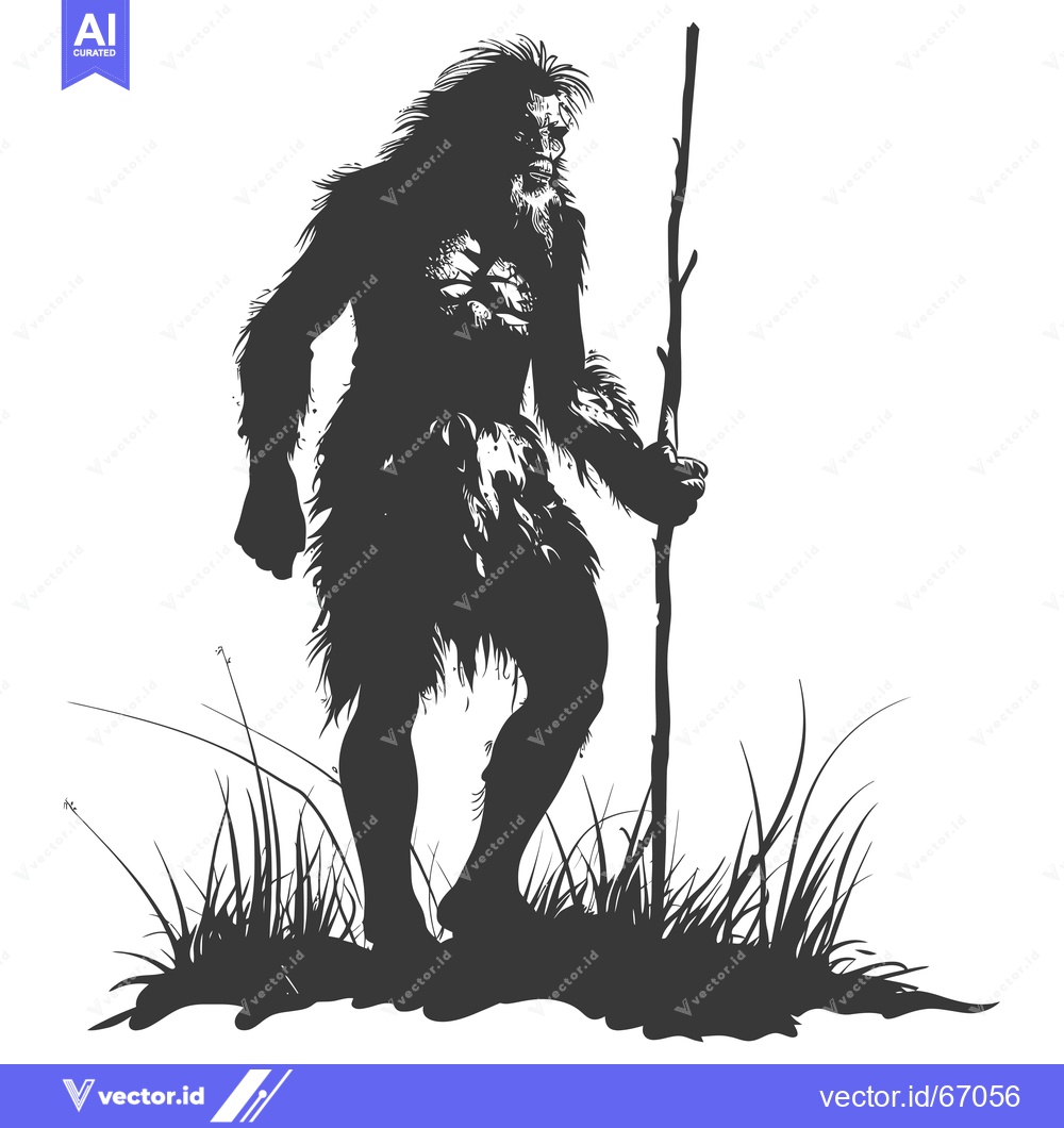 Premium Vector dari Silhouette of a hairy, muscular, prehistoric man holding a stick in ta