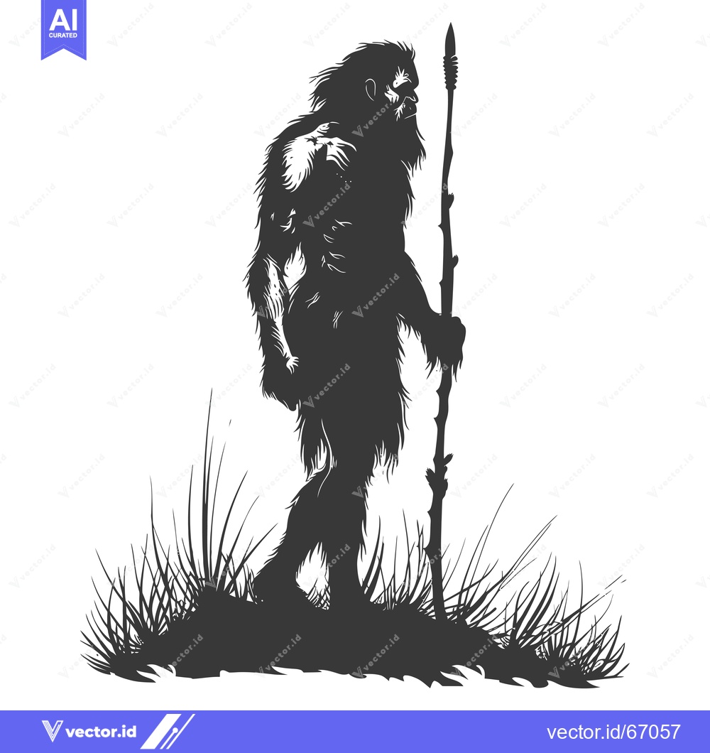 Premium Vector dari Silhouetted Primitive Hunter Holding a Spear in a Grassy Field