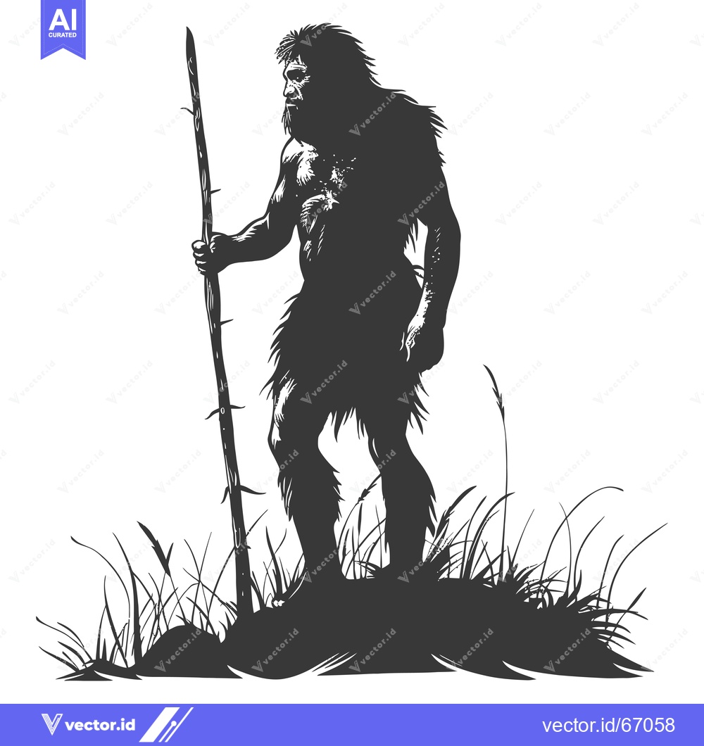 Premium Vector of A Silhouette of a Primitive Man with a Staff Standing in Grass