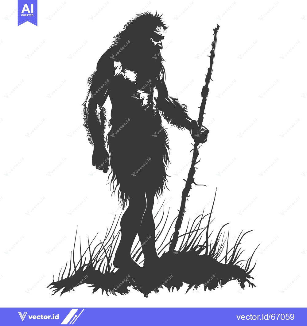 Premium Vector dari Silhouette of a Hairy Primitive Human Holding a Stick