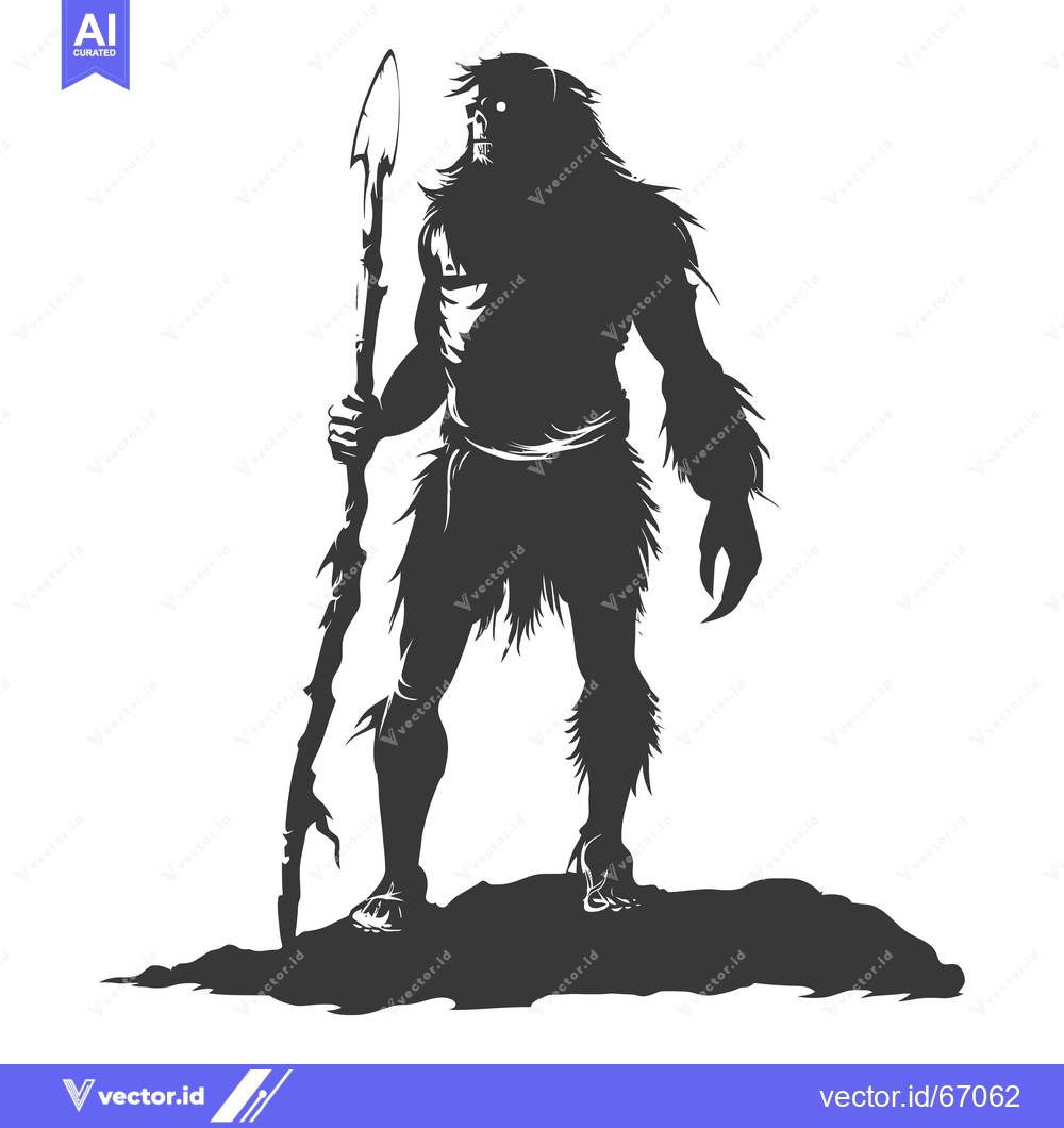 Premium Vector dari Silhouette of a hairy, primitive humanoid holding a spear