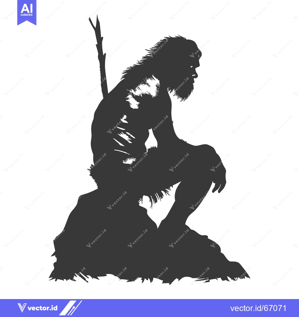 Premium Vector dari Silhouette of a Neanderthal Man Sitting on a Rock with a Stick