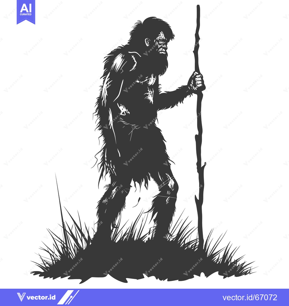 Premium Vector of Silhouette of a Primitive Man with a Stick in Grass