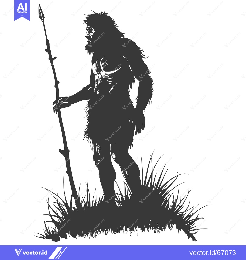 Premium Vector dari Silhouette of a Primitive Man Holding a Spear in Grass