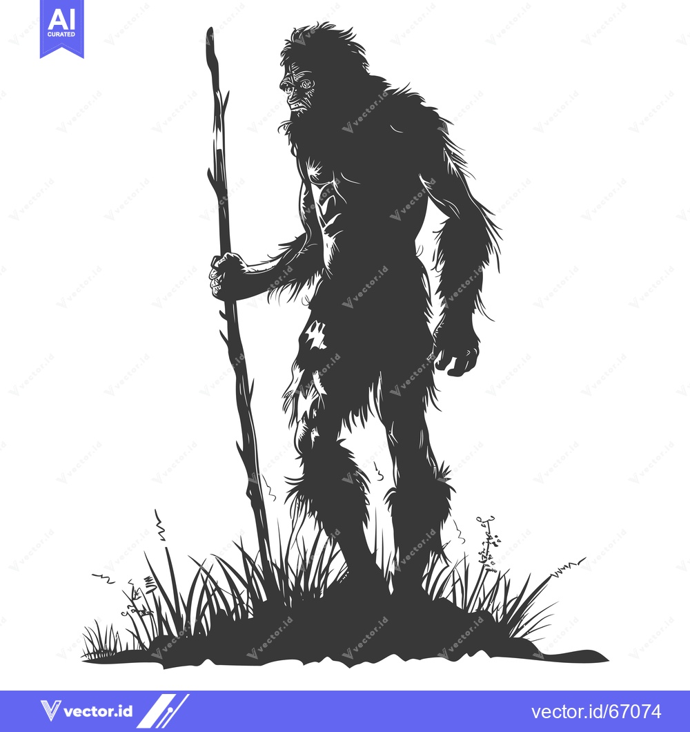 Premium Vector of Silhouette of a hairy, bipedal creature holding a stick in a grassy ar