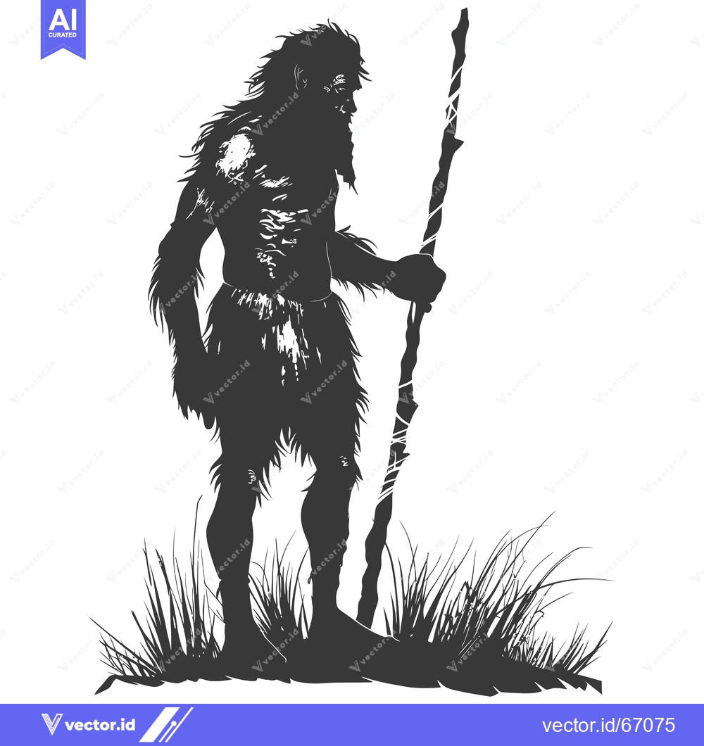 Premium Vector dari Silhouette of a Primitive Man Holding a Staff in Grass