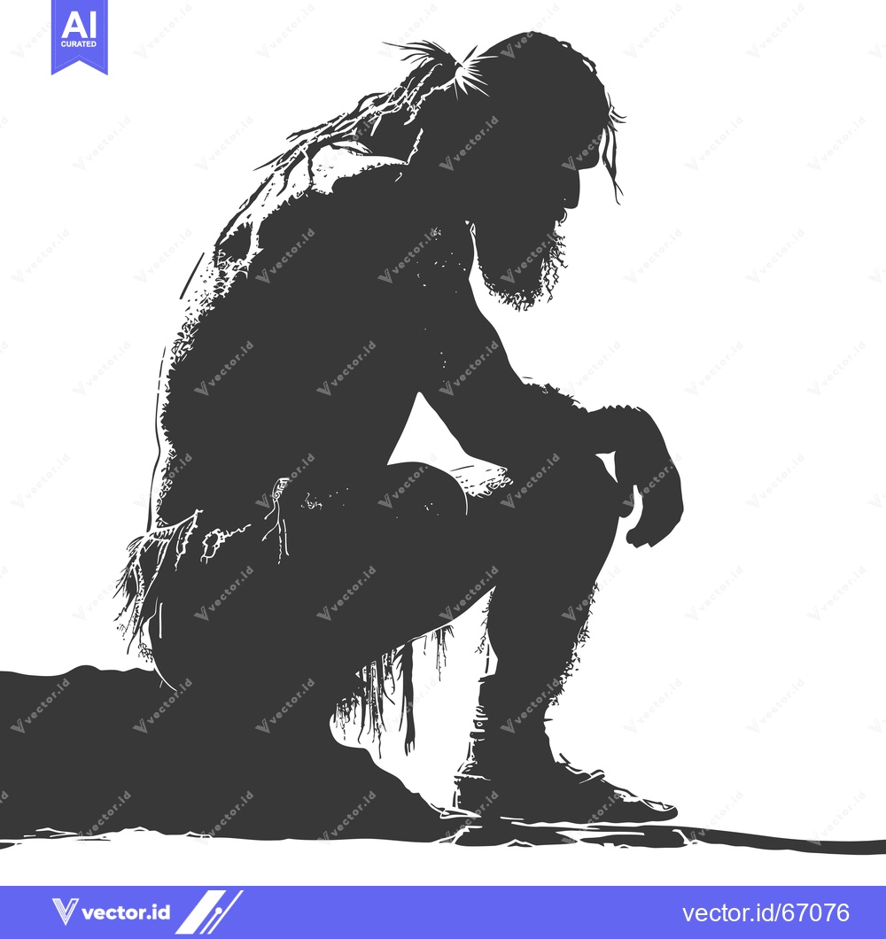 Premium Vector of Silhouette of a Bearded Man Sitting on a Rock, Head Down