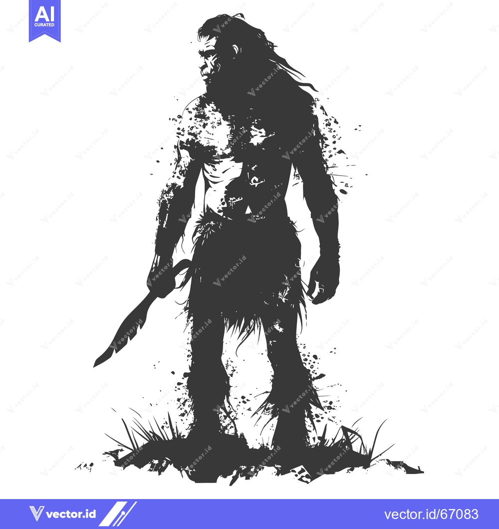 Premium Vector of A Silhouette of a Primitive Human Holding a Knife in a Grassy Area