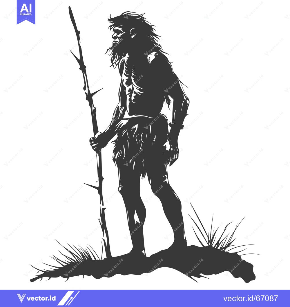 Premium Vector dari Silhouette of a Primitive Man Holding a Spear