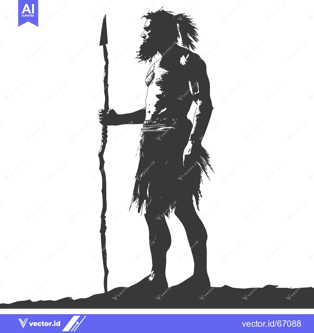 Premium Vector dari A Primitive Hunter with a Spear Stands Tall and Proud