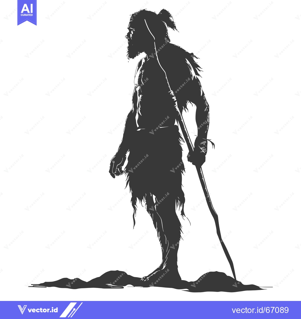 Premium Vector of Silhouette of a Bearded Man Holding a Staff in a Primitive Setting