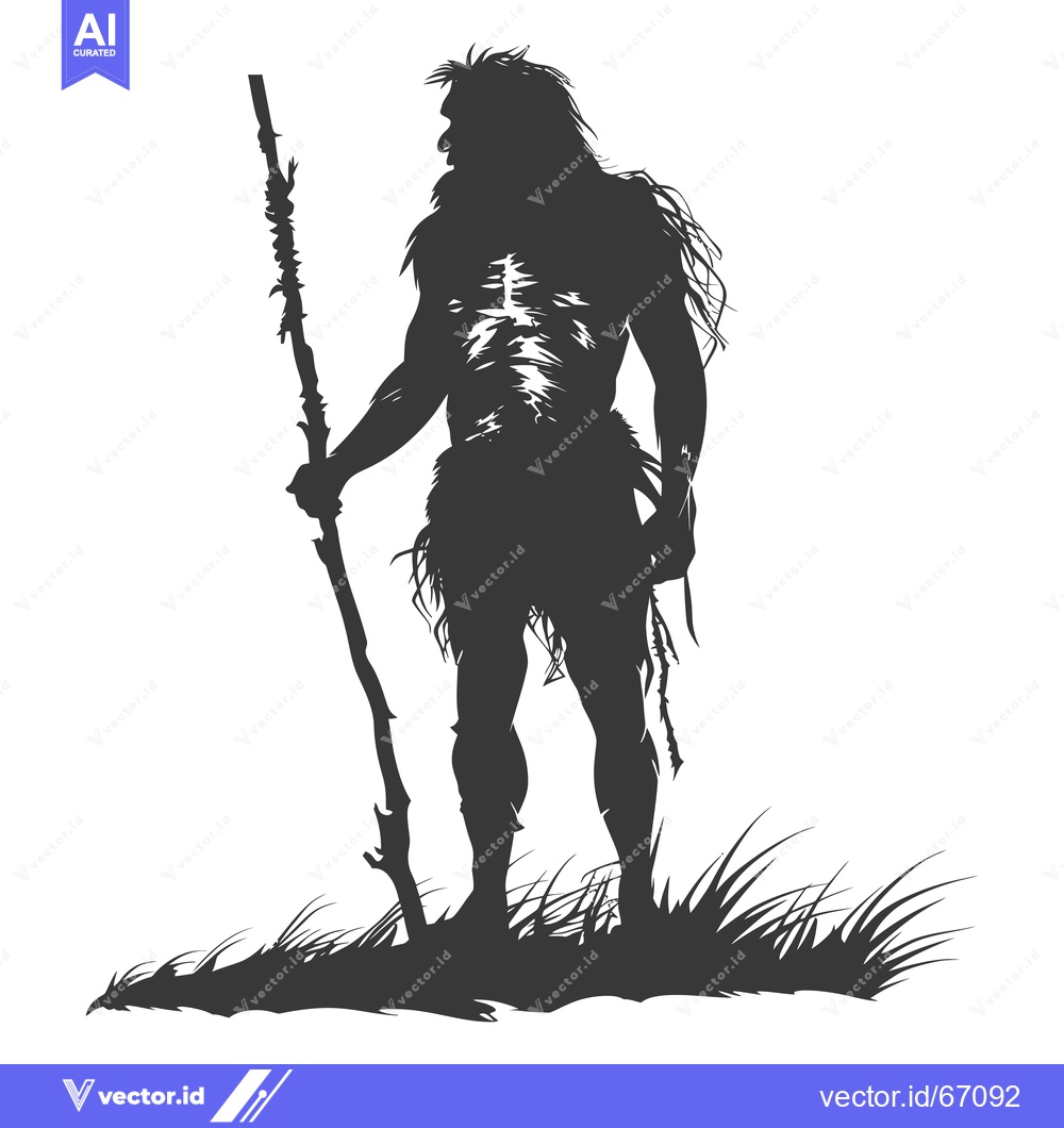 Premium Vector of Silhouette of a Neanderthal with a Spear Standing in Tall Grass