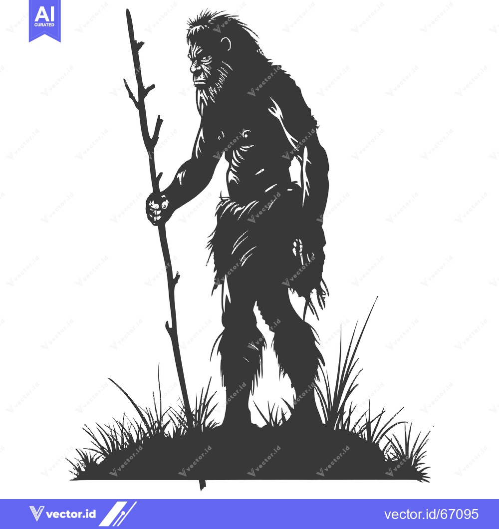Premium Vector dari Silhouette of a Neanderthal Holding a Staff in a Grassy Landscape