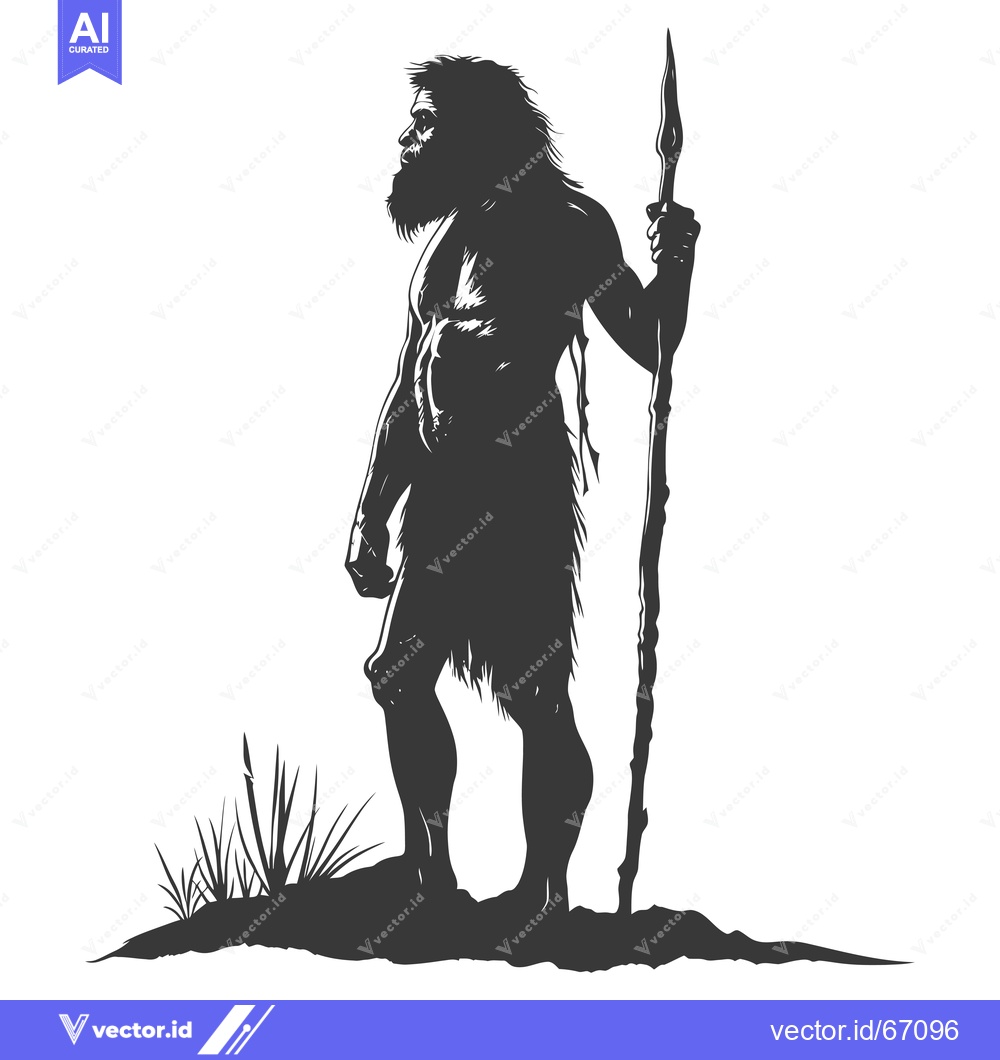 Premium Vector dari Silhouette of a Neanderthal Man Holding a Spear