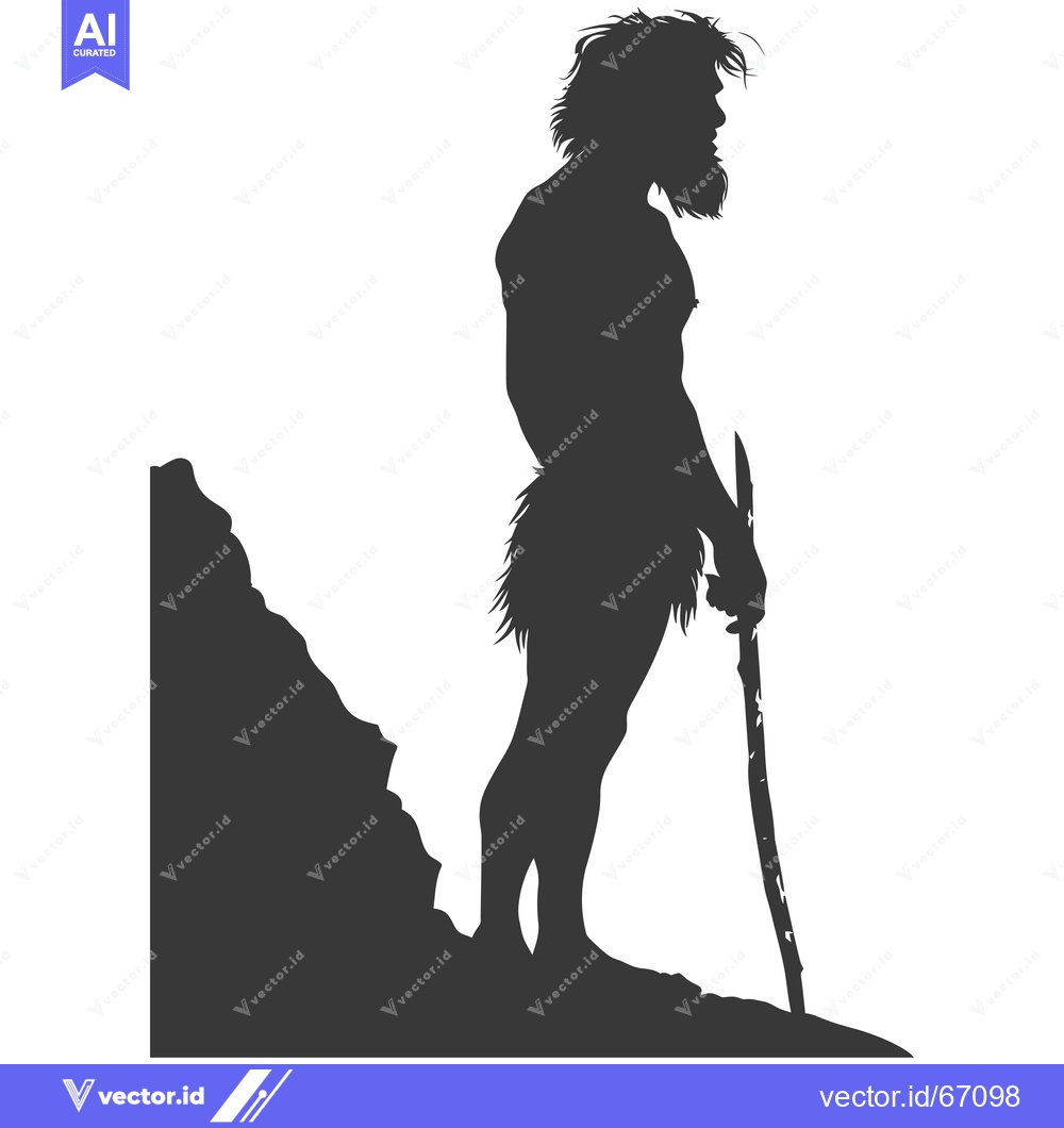 Premium Vector dari Silhouette of a Prehistoric Man Standing with a Club on a Cliff Edge