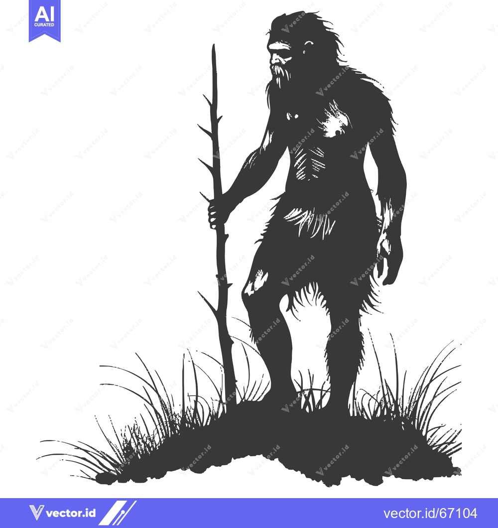 Premium Vector of Silhouette of a Primitive Human Holding a Stick in a Grassy Area