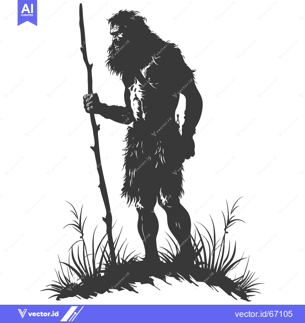 Premium Vector dari Silhouette of a hairy, primitive man holding a staff in a grassy field