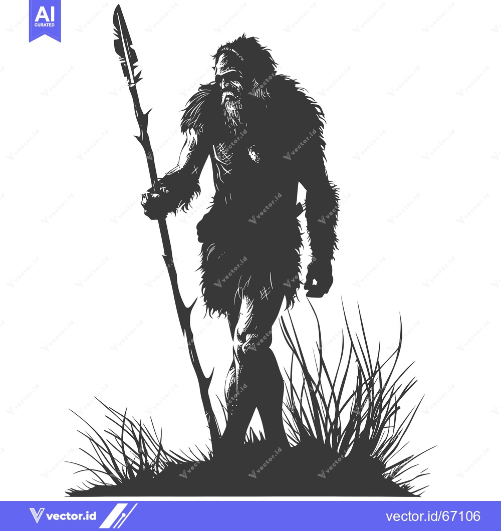 Premium Vector dari A Silhouette of a Primitive Human Holding a Spear in a Grassy Landscap