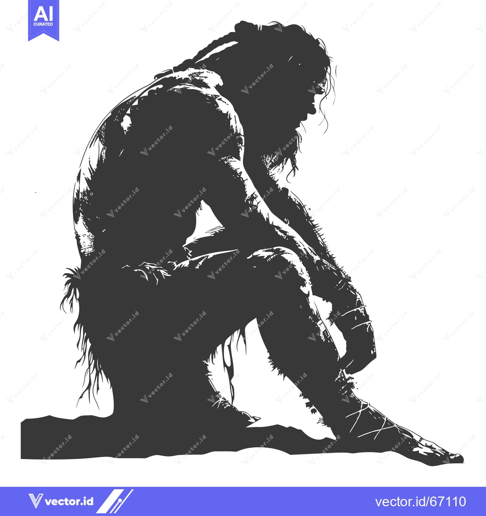 Premium Vector dari A silhouette of a caveman seated, head bowed, looking down