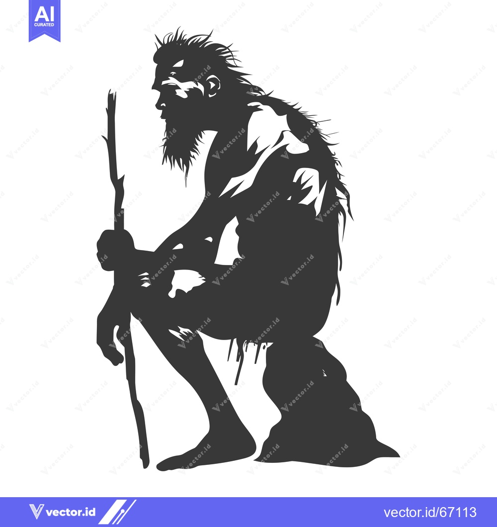 Premium Vector of Silhouette of a Primitive Man Sitting with a Stick
