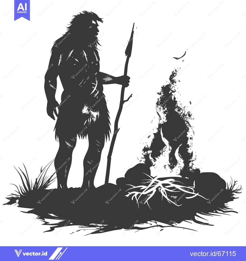 Premium Vector dari Silhouette of a Neanderthal Man with a Spear Standing by a Fire