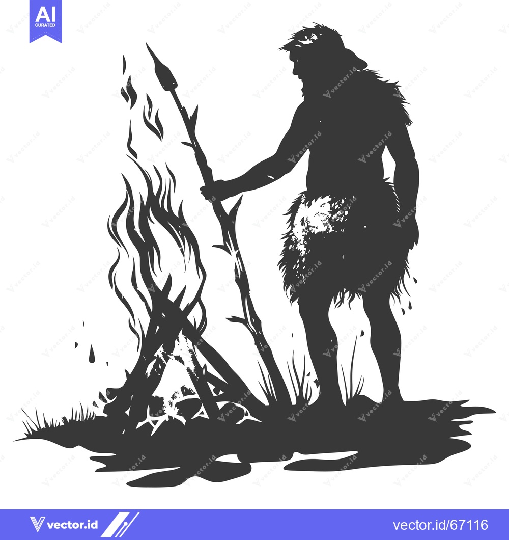 Premium Vector of Silhouette of a Primitive Man Holding a Spear by a Fire