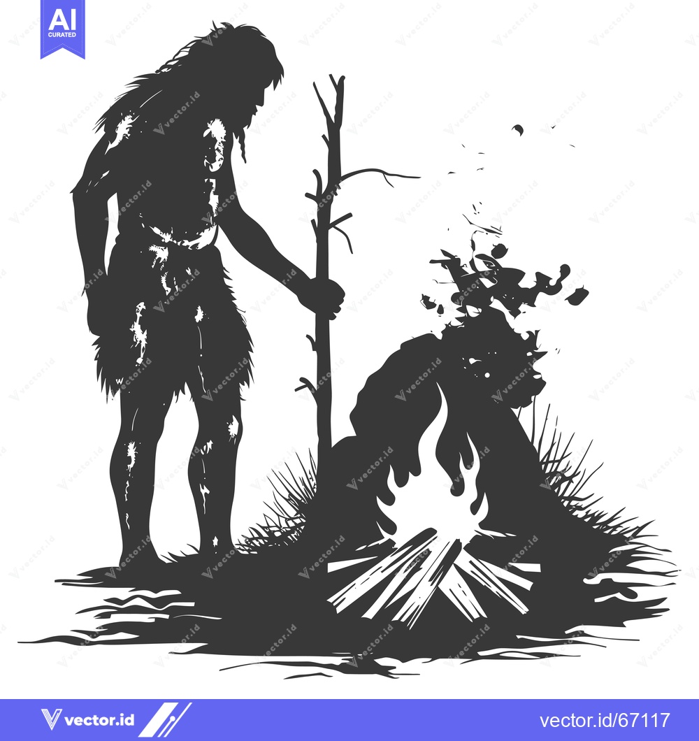 Premium Vector dari A Silhouette of a Primitive Human Tending a Fire