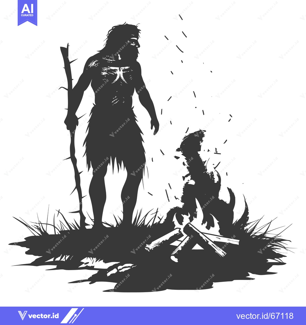 Premium Vector dari Silhouette of a Primitive Man Holding a Staff Standing Near a Fire