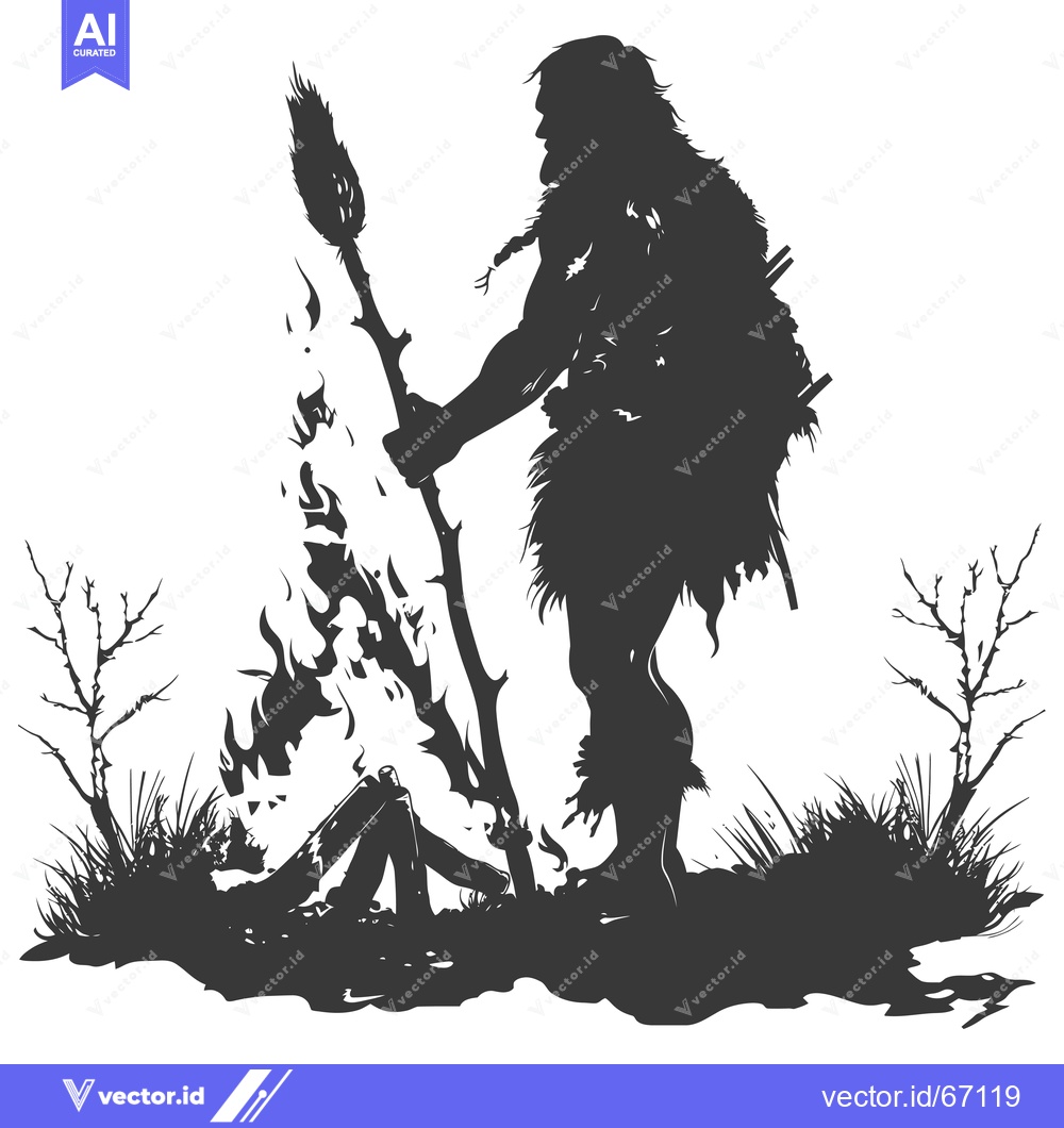 Premium Vector dari Silhouette of a prehistoric man tending a fire with a stick