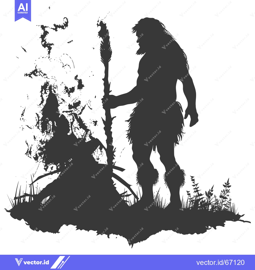 Premium Vector of Silhouette of a Primitive Man Holding a Stick Near a Fire