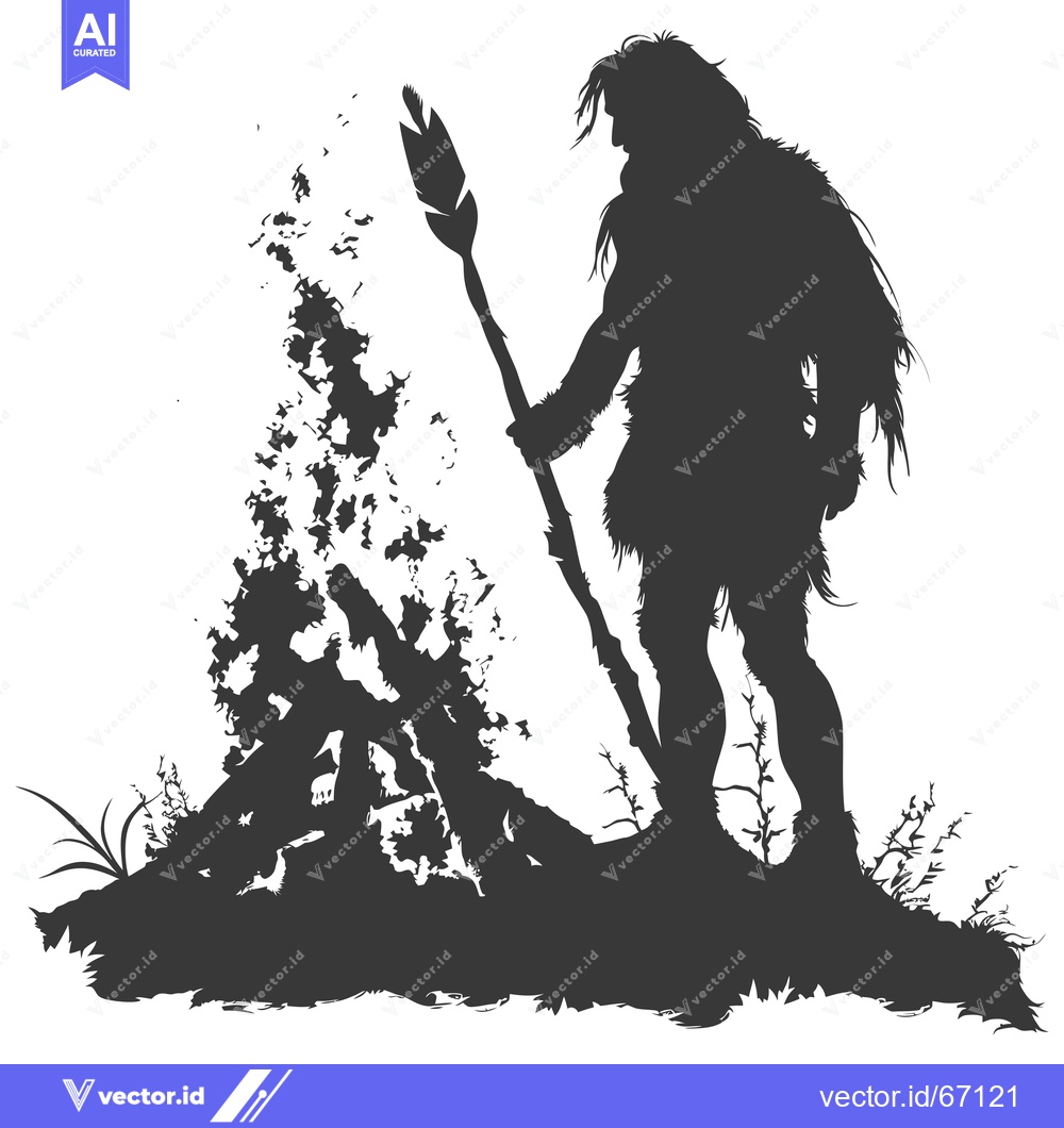 Premium Vector dari Silhouette of a Neanderthal Man Standing by a Campfire with a Spear