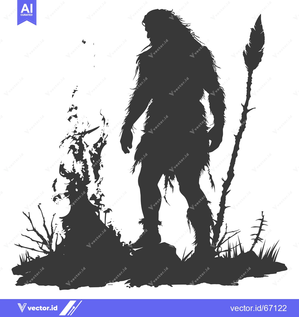 Premium Vector dari Silhouette of a Prehistoric Man Holding a Spear with a Fire in the Bac