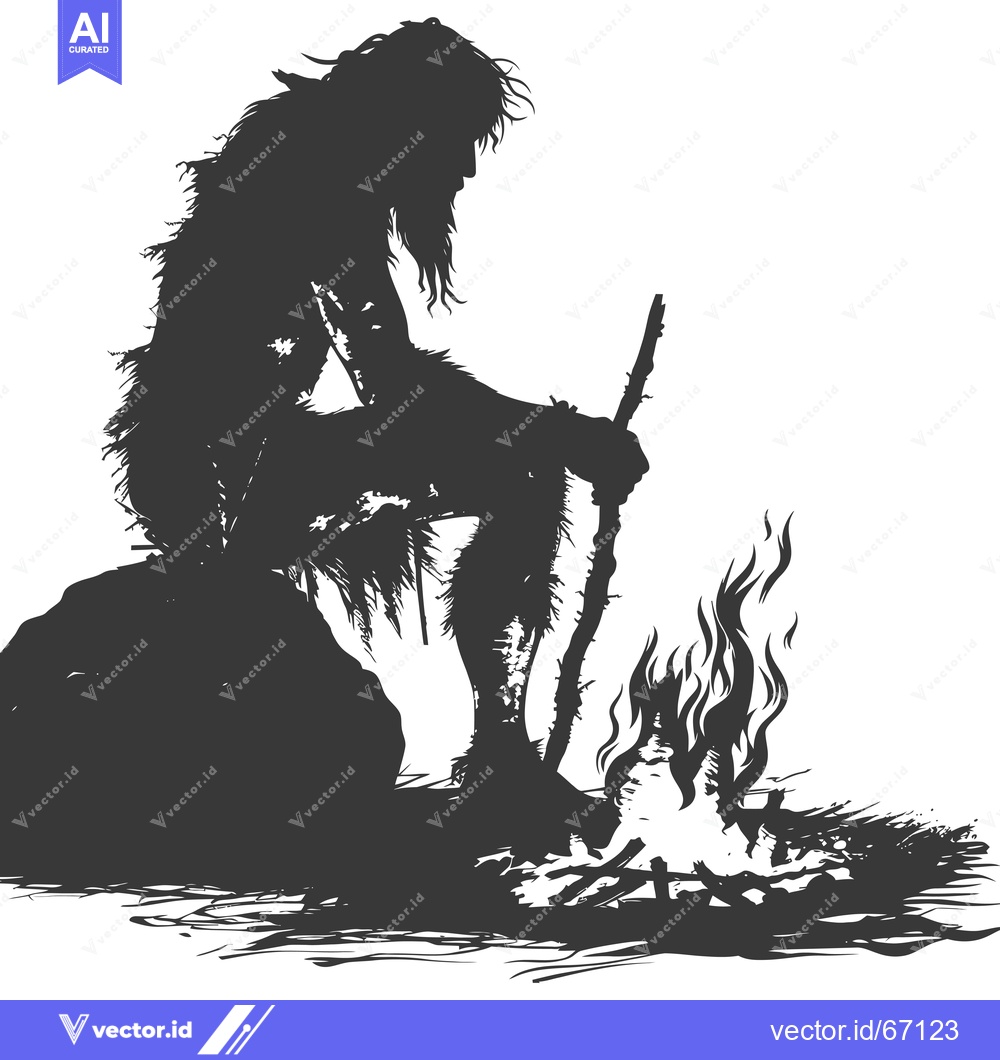 Premium Vector dari Silhouette of a Caveman Sitting by a Fire