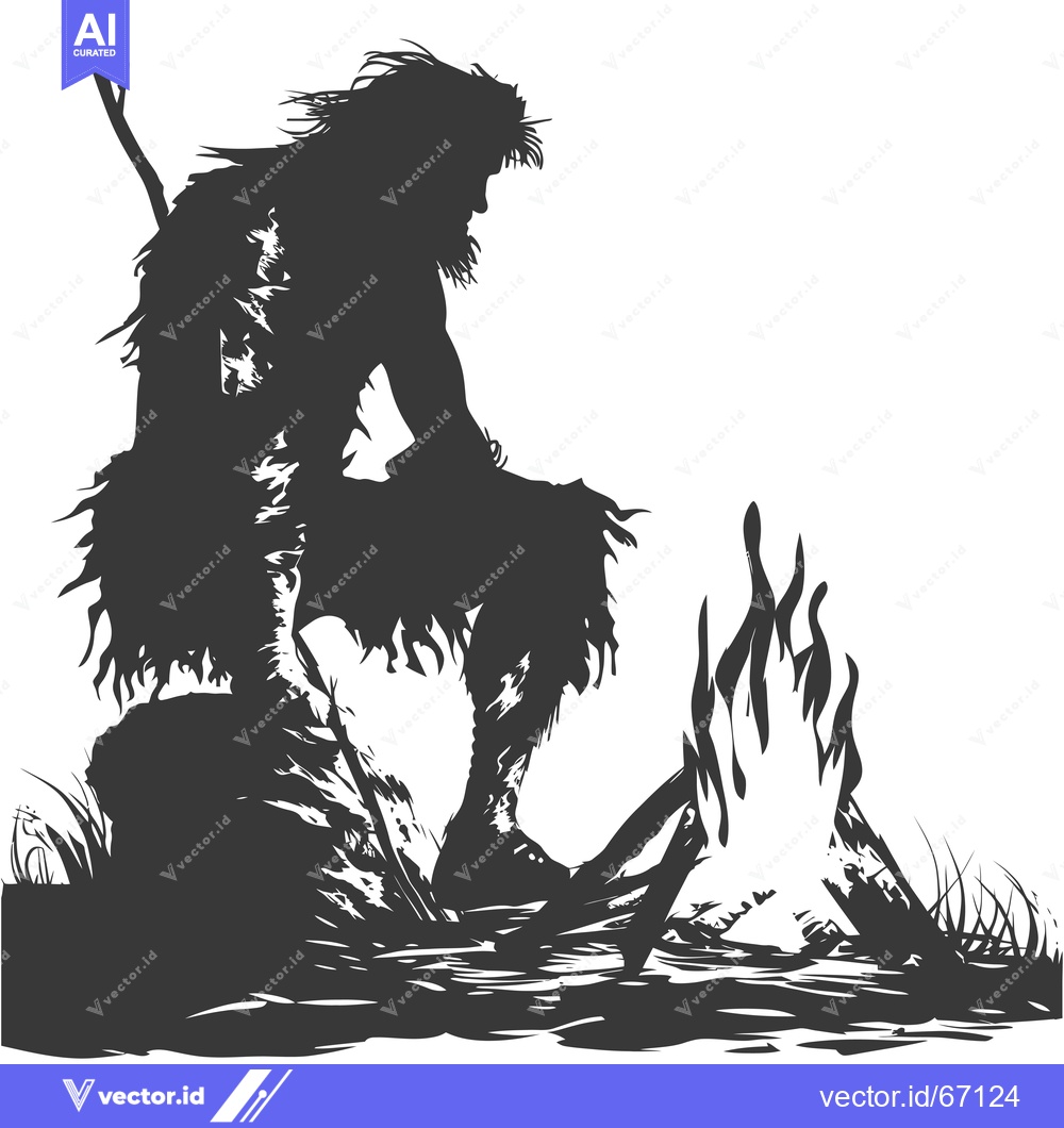 Premium Vector of Silhouette of a Primitive Man Sitting by a Fire