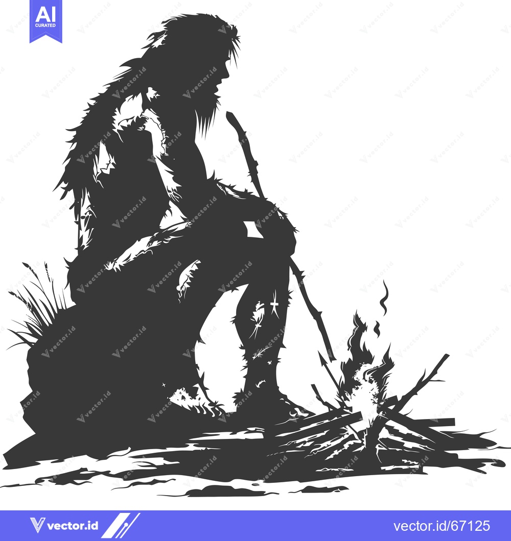 Premium Vector dari Silhouette of a Caveman Sitting by a Fire
