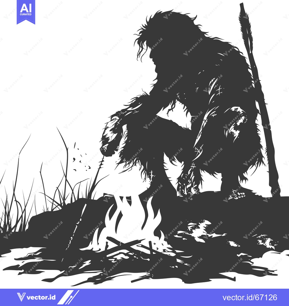 Premium Vector of A Silhouette of a Prehistoric Human Figure Sitting by a Fire