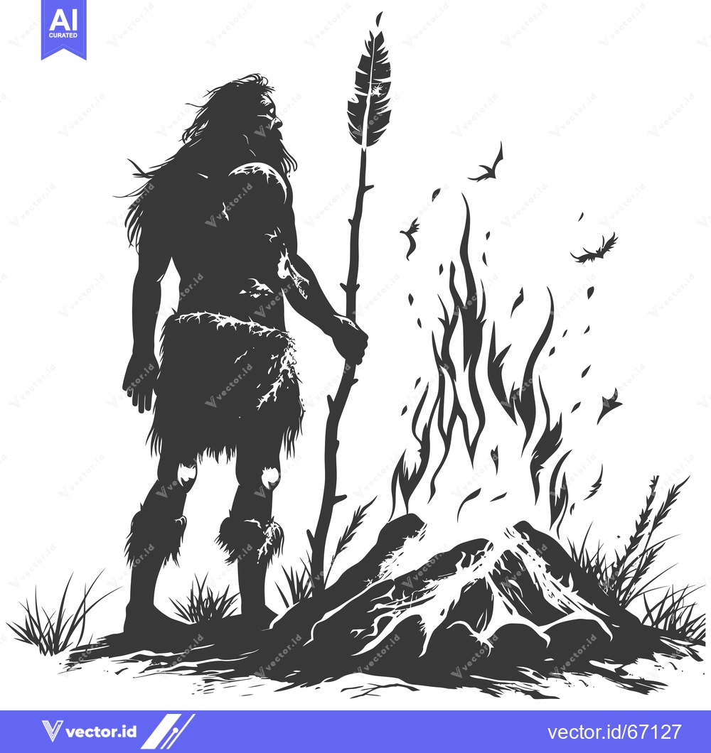 Premium Vector dari A Primitive Man Standing by a Fire with a Feather Held High
