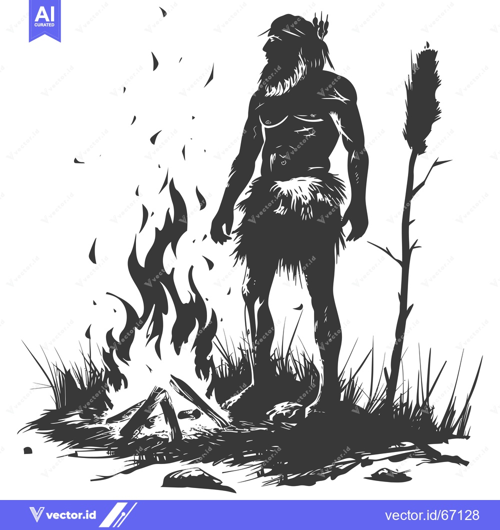 Premium Vector of Silhouette of a Primitive Man Standing by a Fire