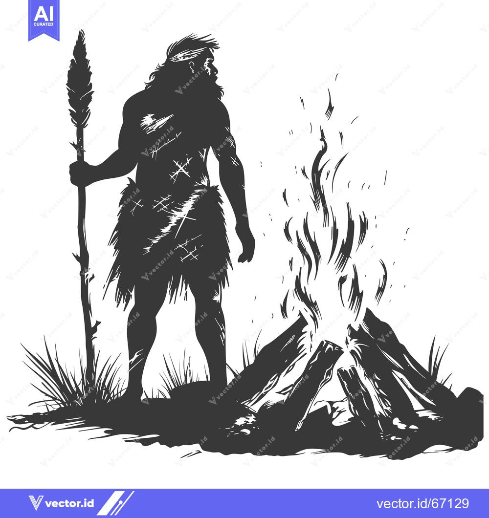 Premium Vector dari Silhouette of a Primitive Man Holding a Spear Standing Near a Fire