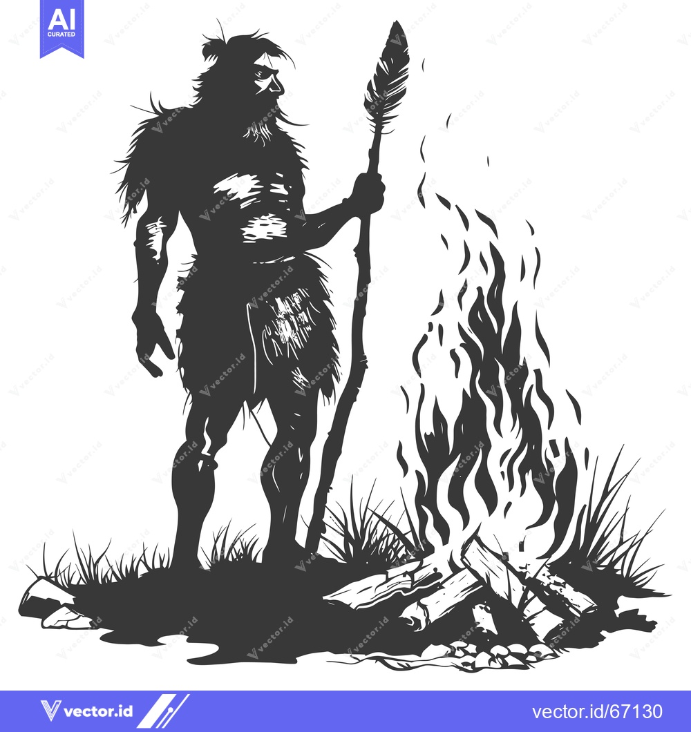 Premium Vector of Silhouette of a Caveman Holding a Spear with a Fire in the Background