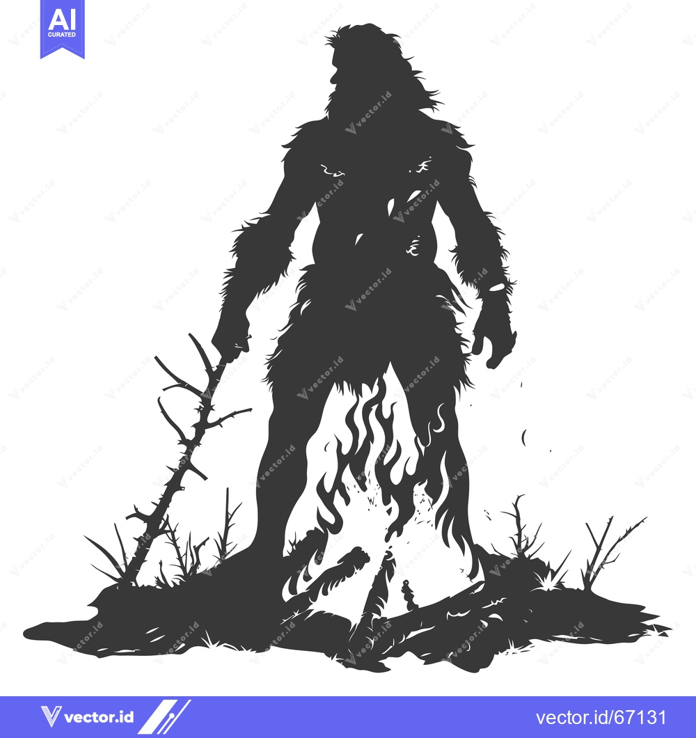 Premium Vector dari Silhouette of a hairy man holding a staff standing over a fire