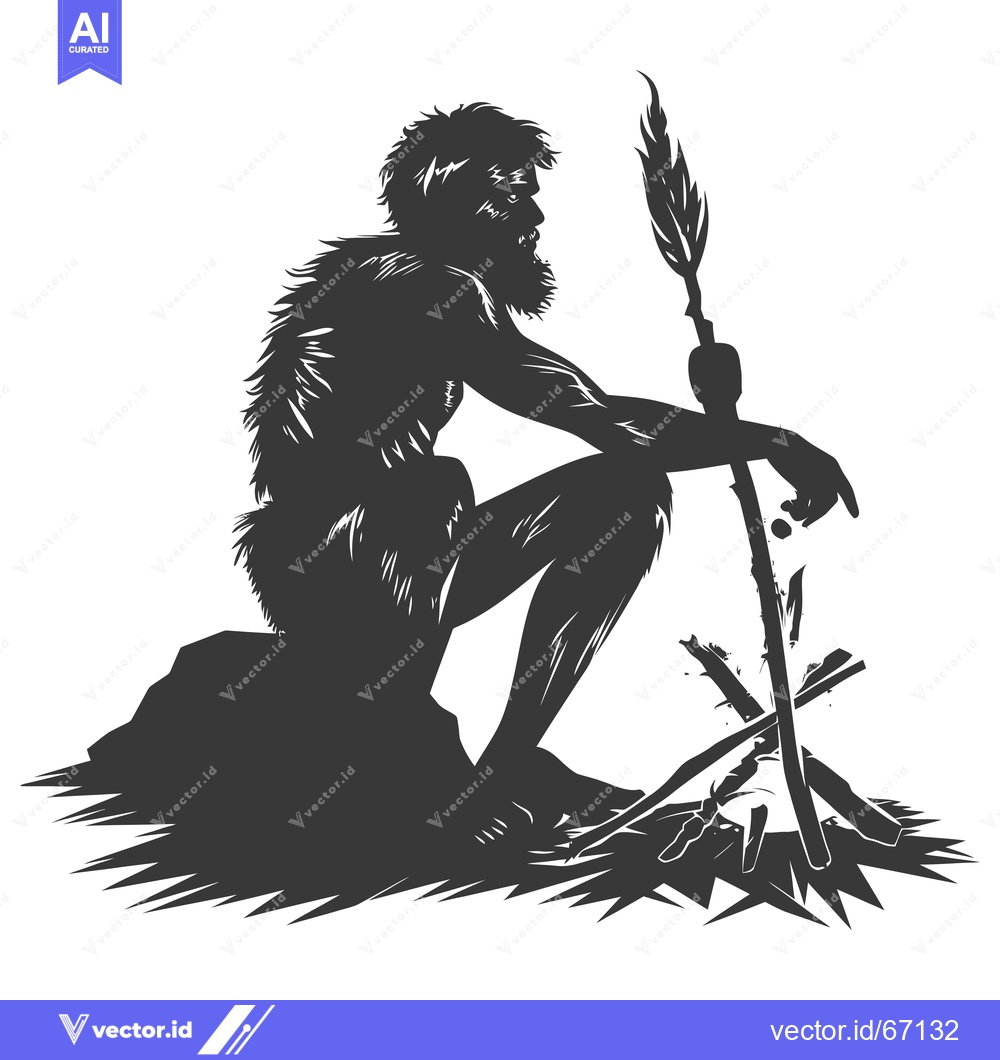 Premium Vector of Silhouette of a Neanderthal Man Sitting by a Fire with a Spear