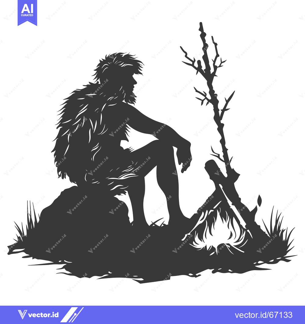 Premium Vector dari Silhouette of a Neanderthal Man Sitting by a Fire
